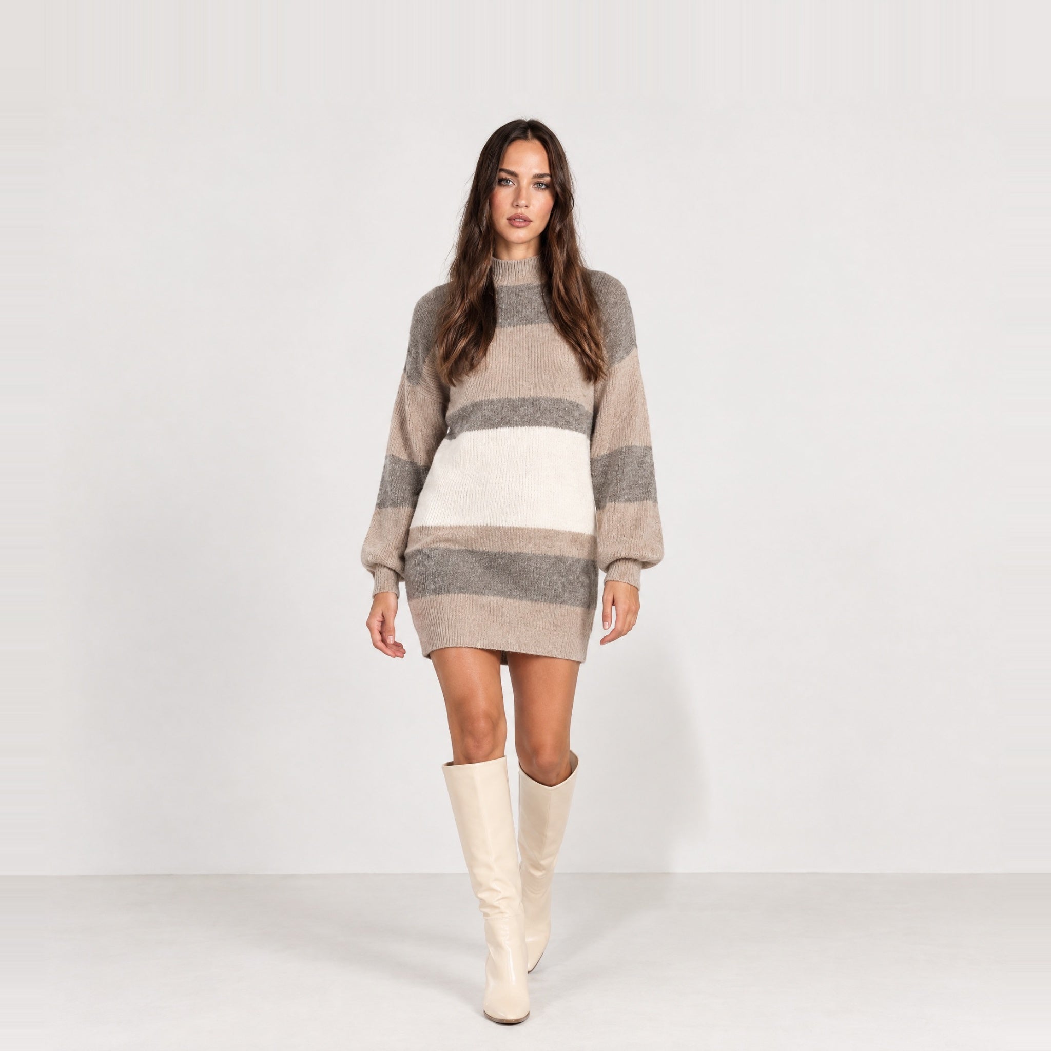 Neutral Stripe Jumper Dress Colour Block Mock Neck