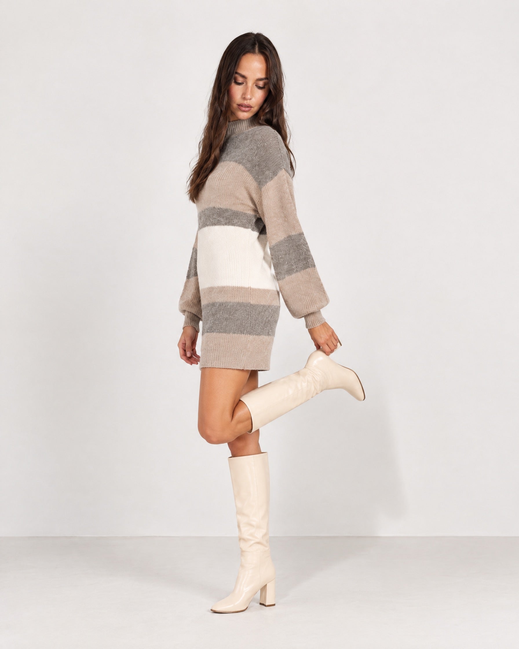 Neutral Stripe Jumper Dress Colour Block Mock Neck