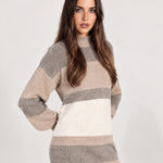 Neutral Stripe Jumper Dress Colour Block Mock Neck
