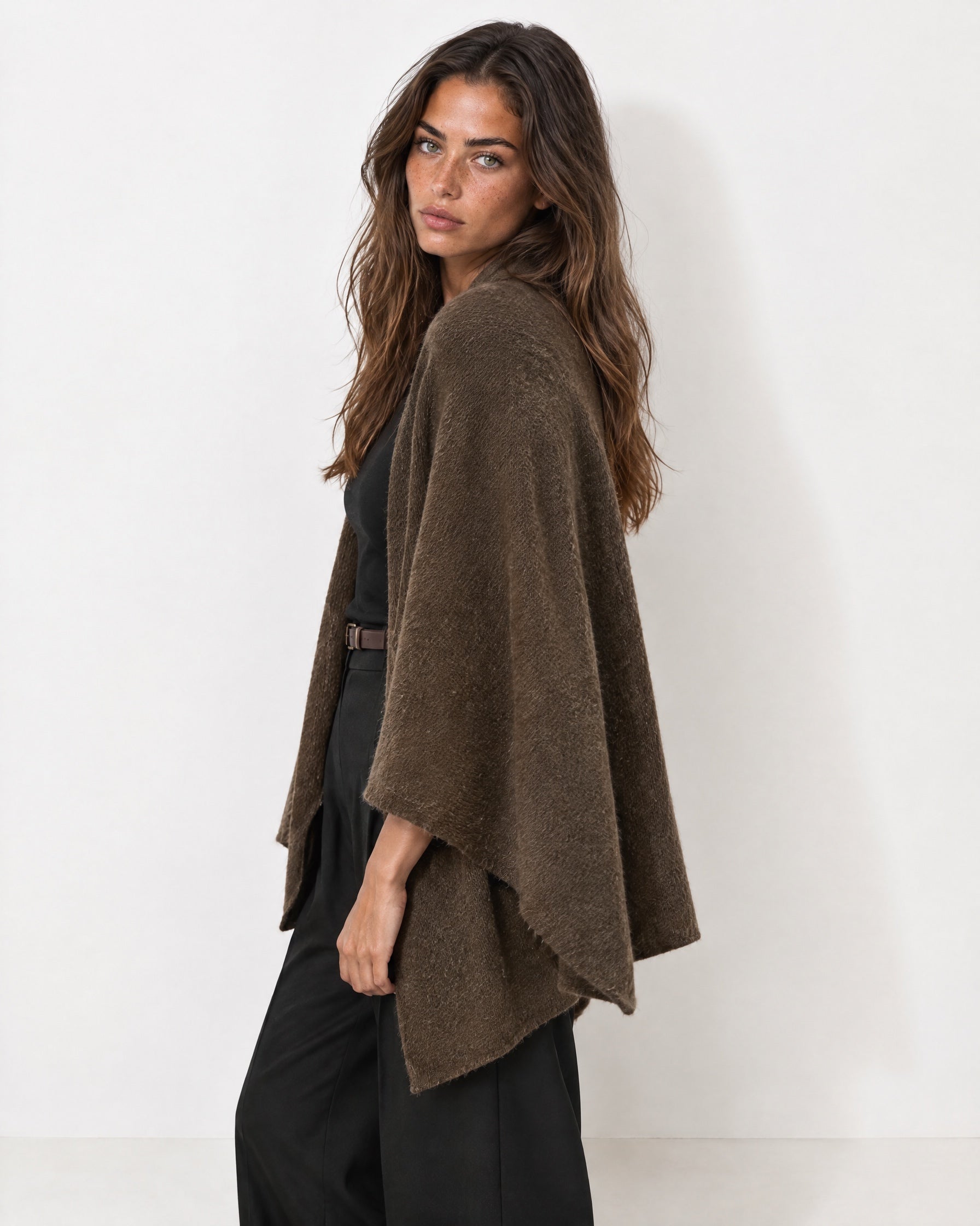 Brown Cape Coat Knitted Open Front