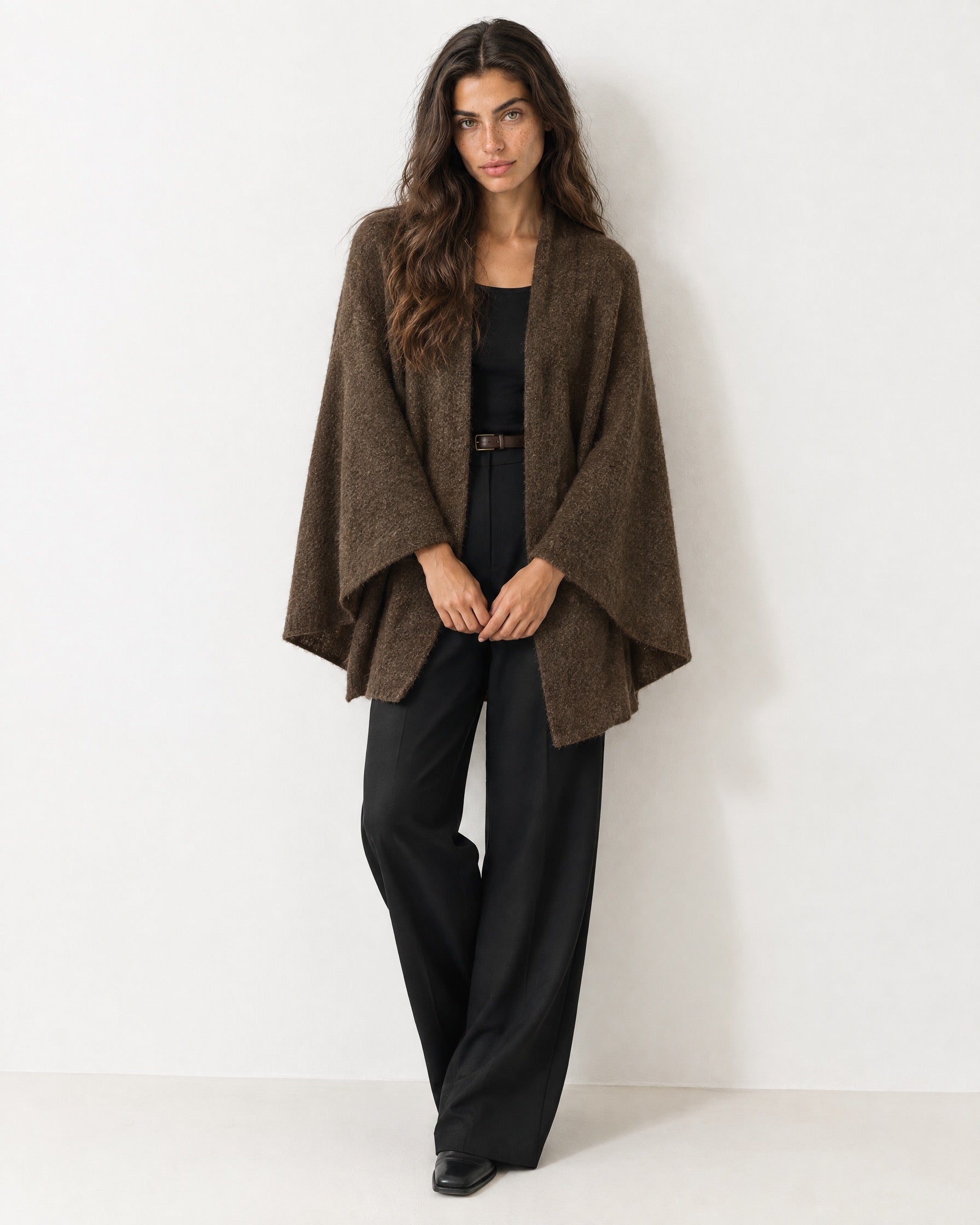 Brown Cape Coat Knitted Open Front
