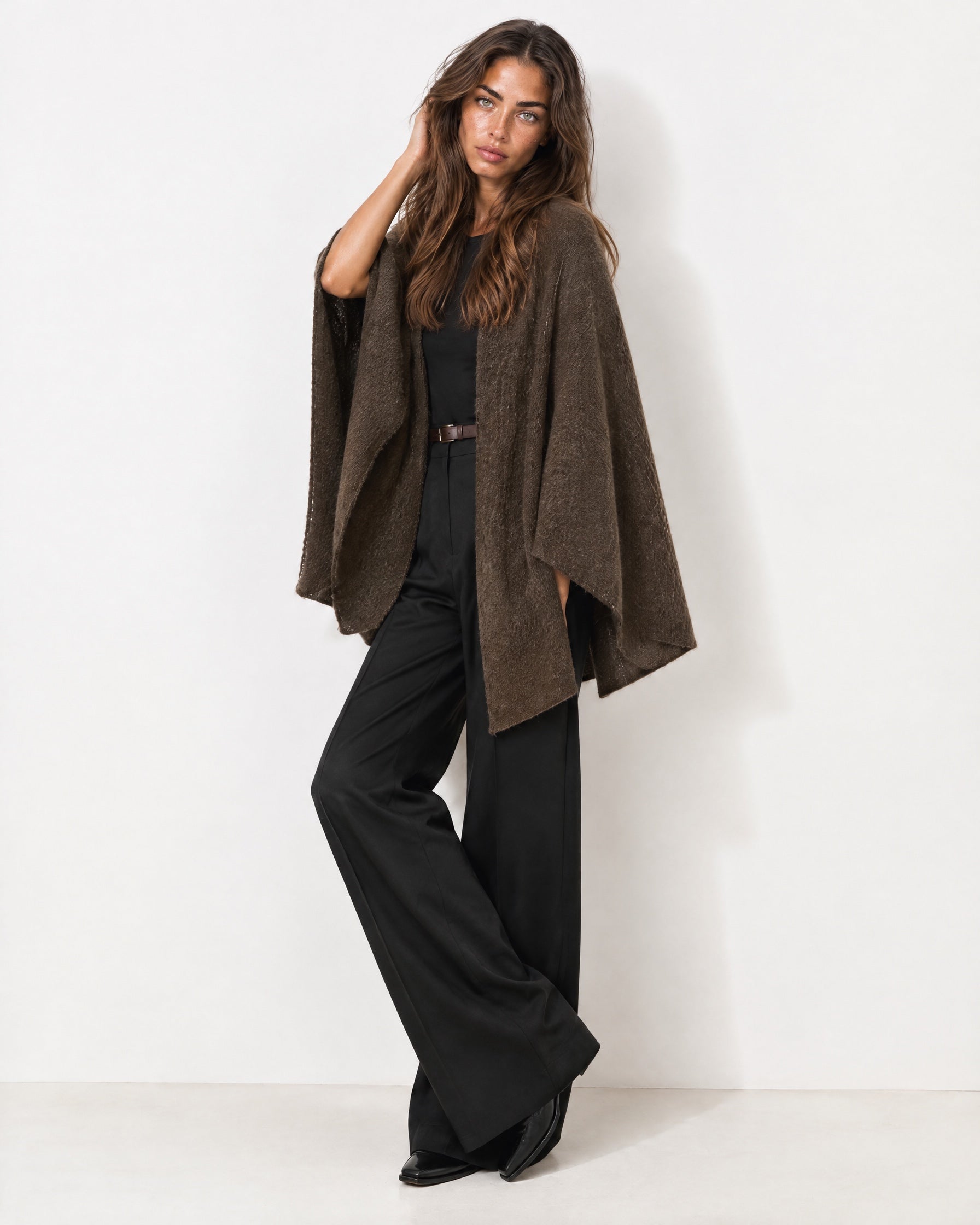 Brown Cape Coat Knitted Open Front