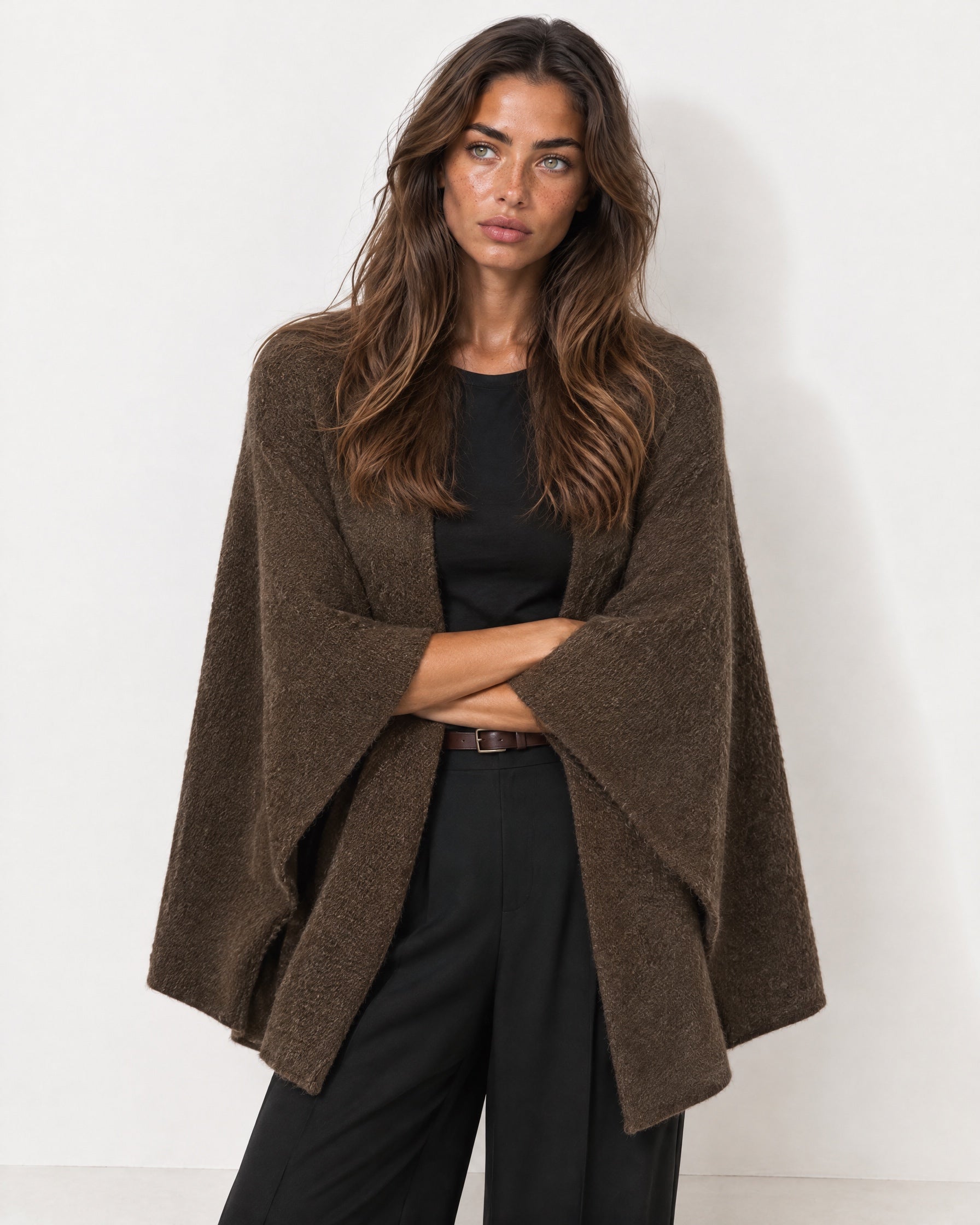 Brown Cape Coat Knitted Open Front