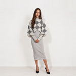 Grey Knit Dress Set Argyle Shrug Midi