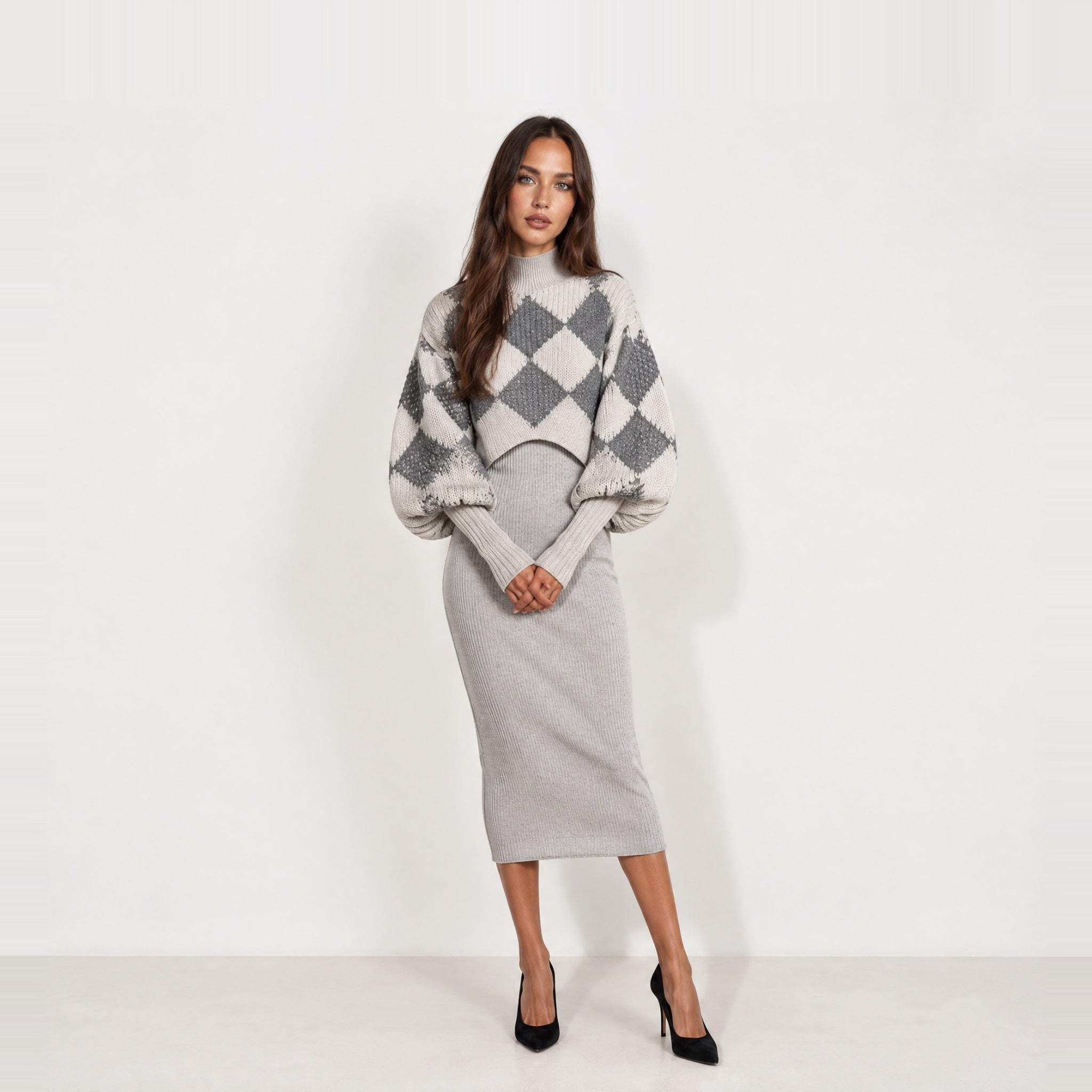 Grey Knit Dress Set Argyle Shrug Midi