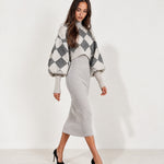 Grey Knit Dress Set Argyle Shrug Midi
