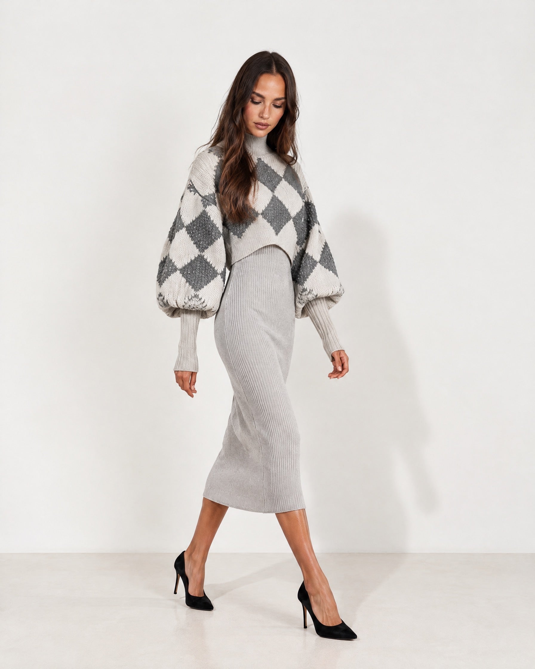 Grey Knit Dress Set Argyle Shrug Midi