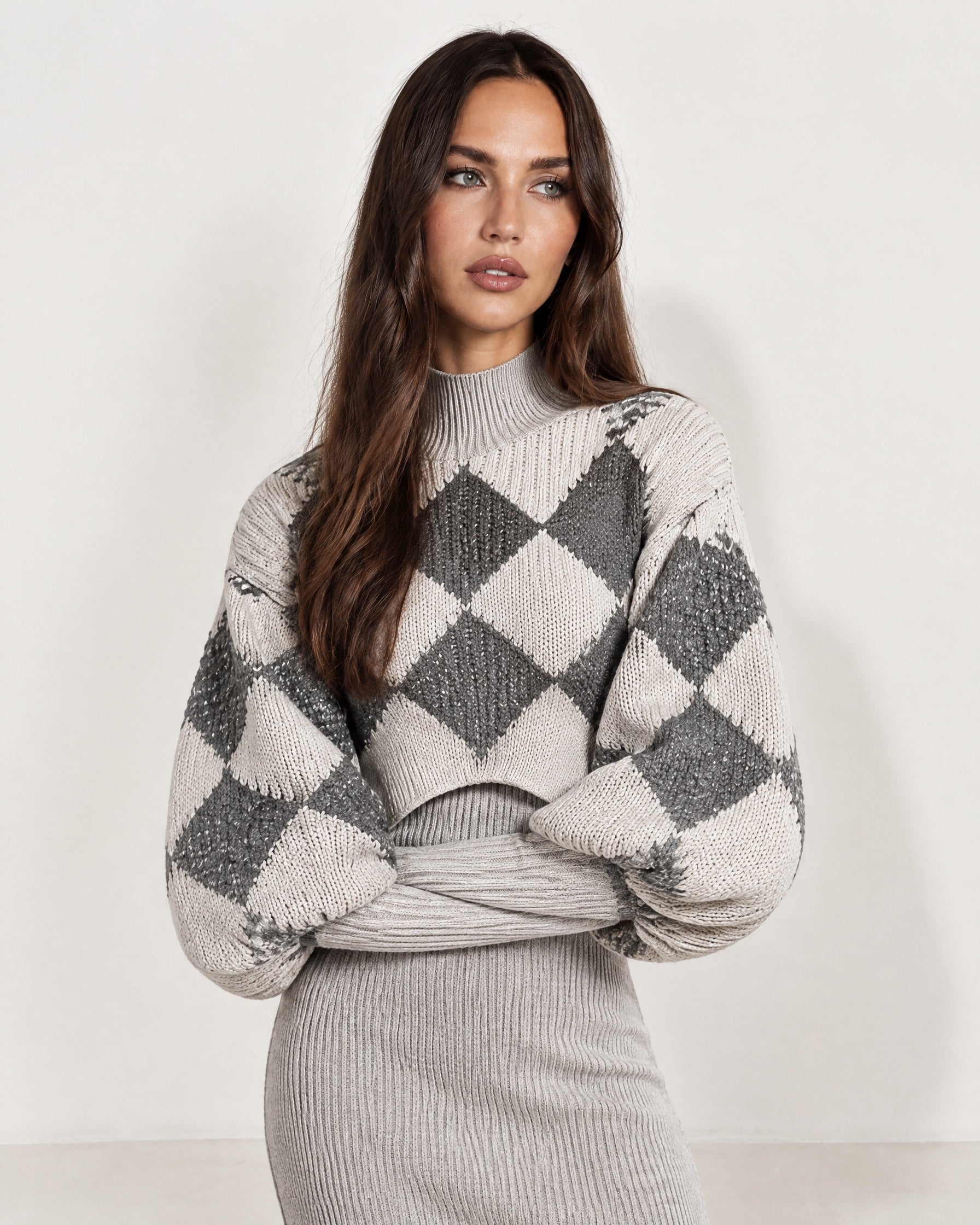 Grey Knit Dress Set Argyle Shrug Midi