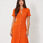 Orange Knit Midi Dress Perforated Button Front