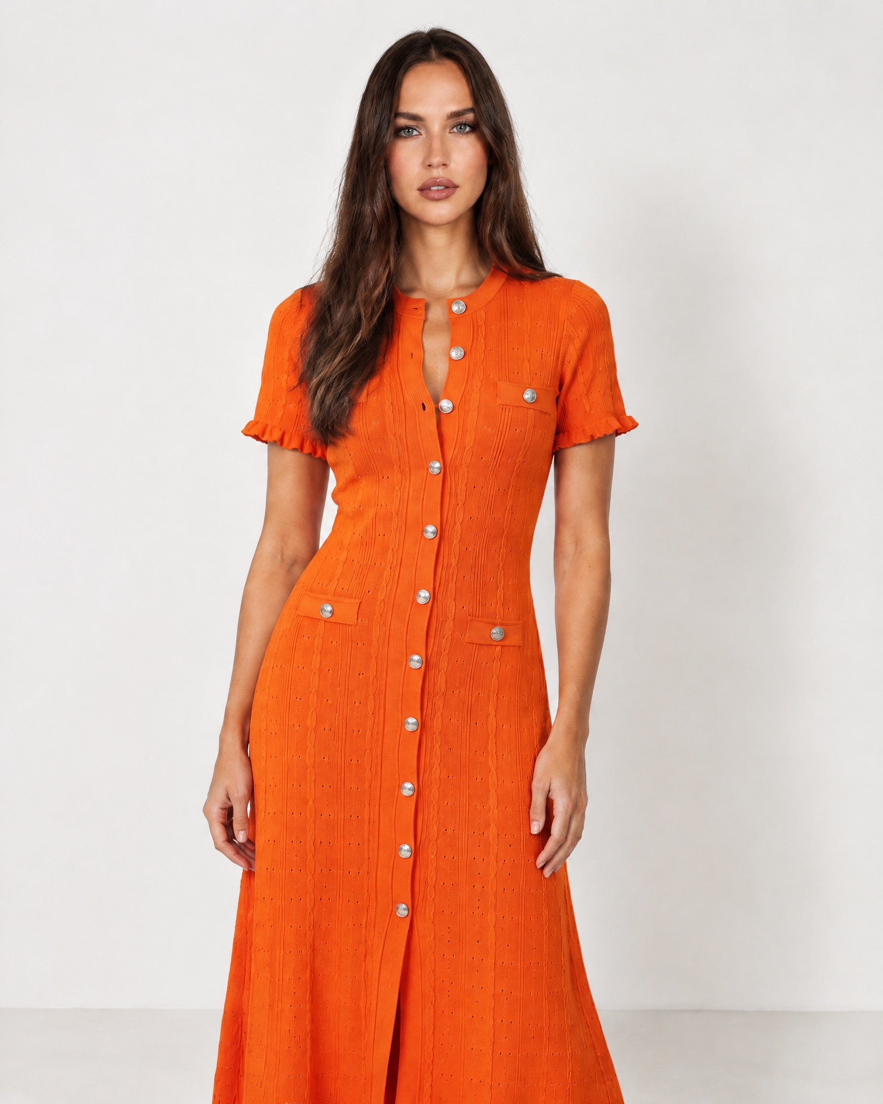 Orange Knit Midi Dress Perforated Button Front