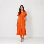 Orange Knit Midi Dress Perforated Button Front