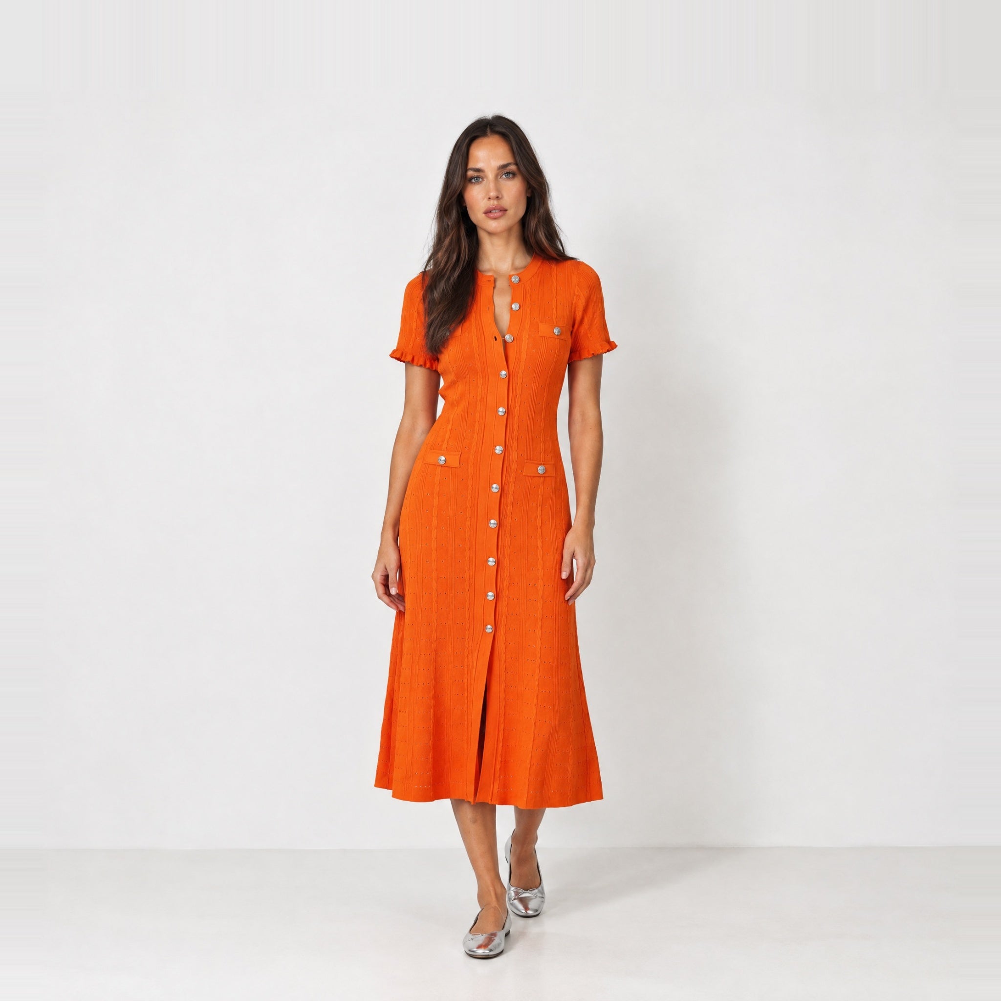 Orange Knit Midi Dress Perforated Button Front