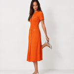 Orange Knit Midi Dress Perforated Button Front