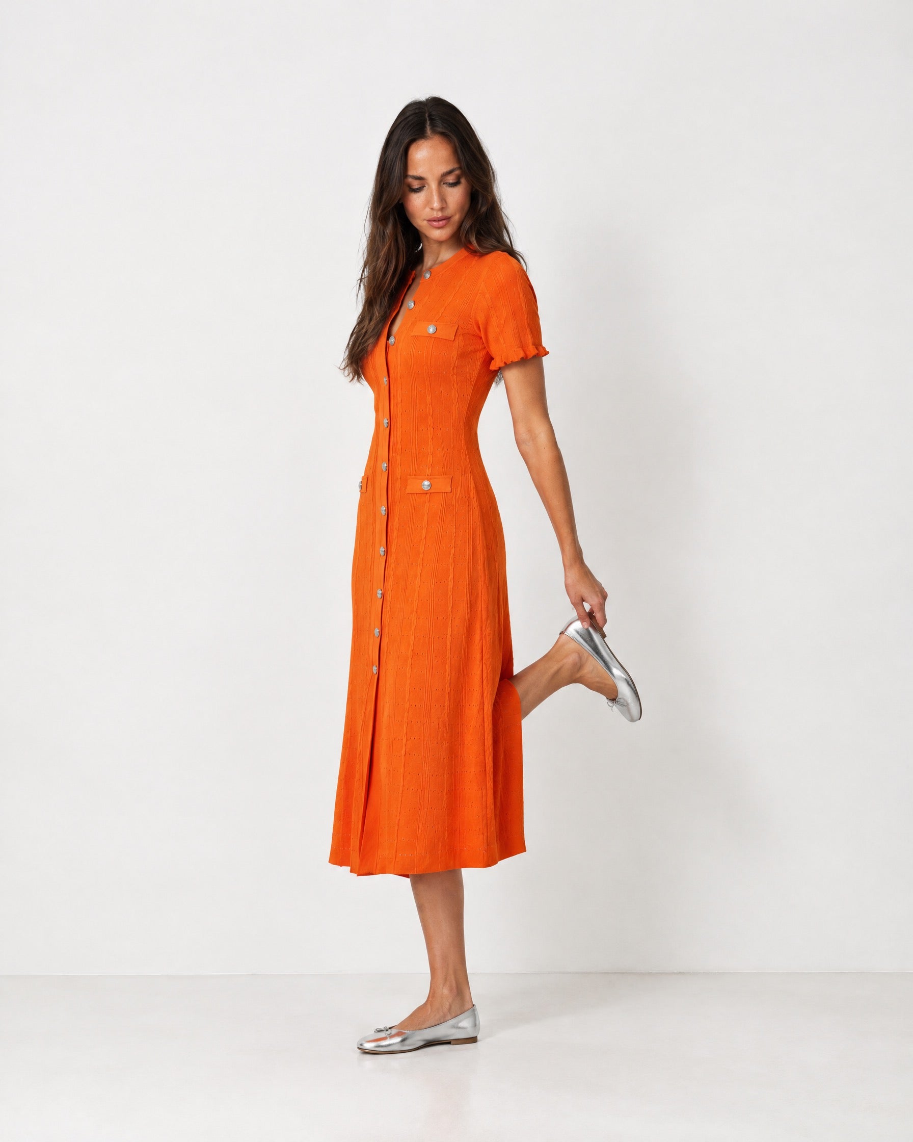 Orange Knit Midi Dress Perforated Button Front