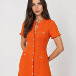 Orange Knit Midi Dress Perforated Button Front