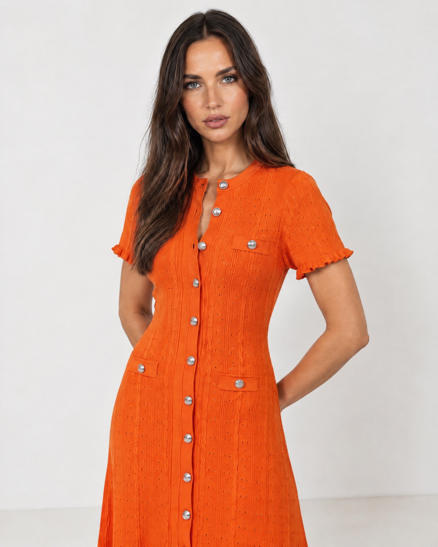 Orange Knit Midi Dress Perforated Button Front