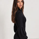 Black Knit Midi Dress Zip Lantern Sleeve