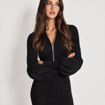 Black Knit Midi Dress Zip Lantern Sleeve