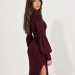 Burgundy Knit Midi Dress Zip Lantern Sleeve