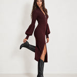 Burgundy Knit Midi Dress Zip Lantern Sleeve