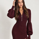 Burgundy Knit Midi Dress Zip Lantern Sleeve