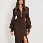 Coffee Knit Midi Dress Zip Lantern Sleeve