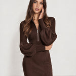 Coffee Knit Midi Dress Zip Lantern Sleeve