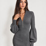 Grey Knit Midi Dress Zip Lantern Sleeve