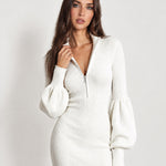 White Knit Midi Dress Zip Lantern Sleeve