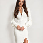 White Knit Midi Dress Zip Lantern Sleeve