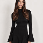 Black Knit Mini Dress Bell Sleeve Mock Neck