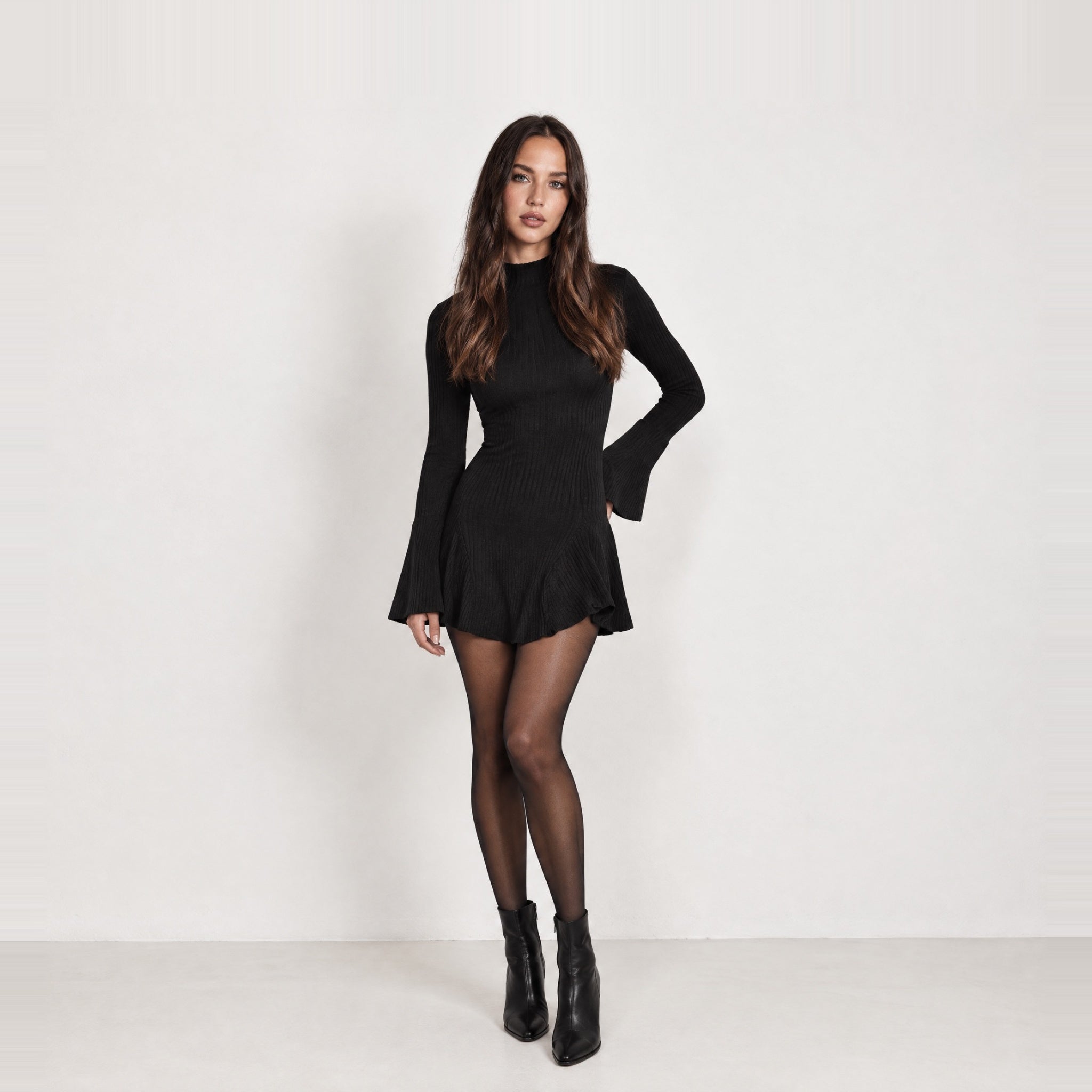 Black Knit Mini Dress Bell Sleeve Mock Neck