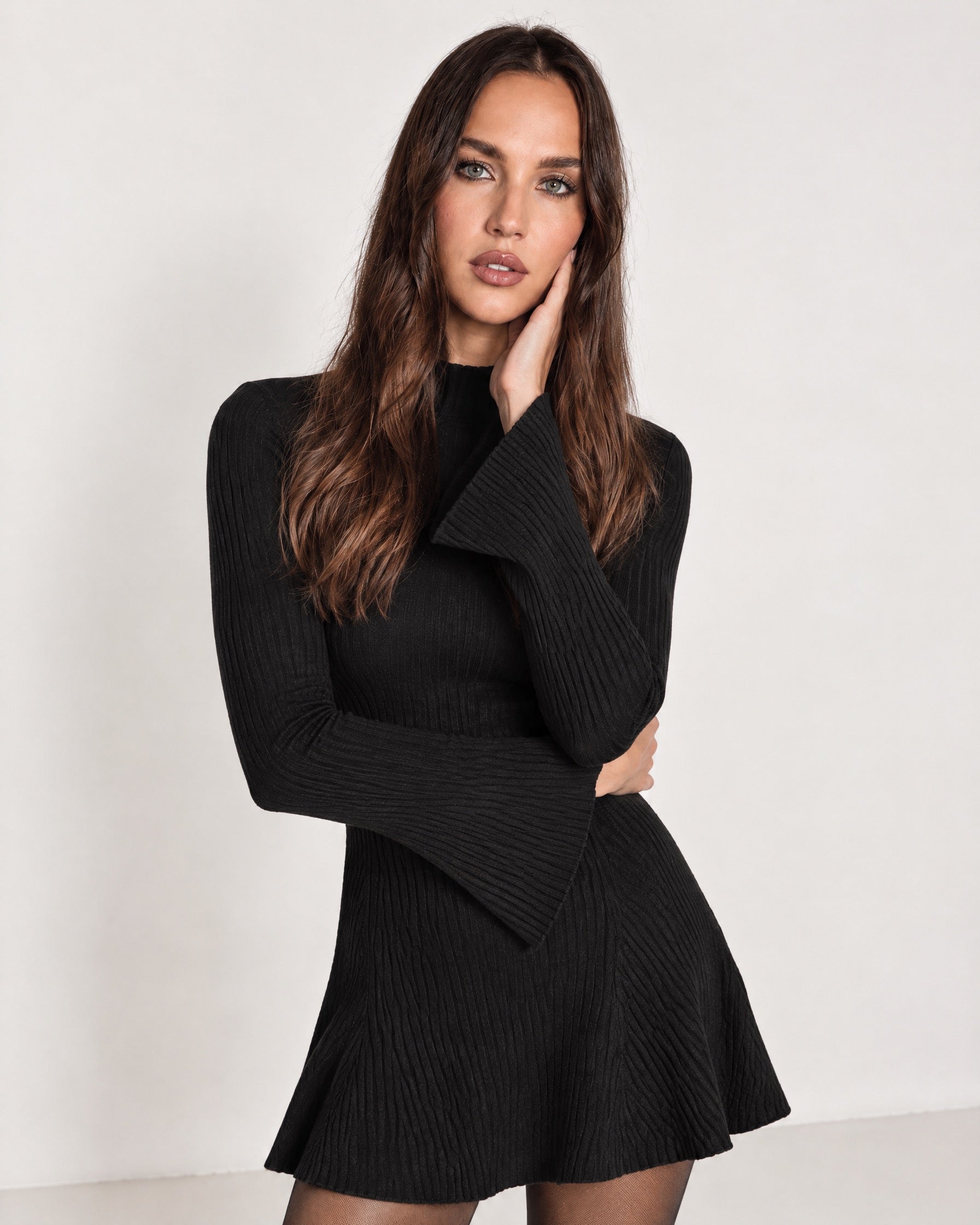 Black Knit Mini Dress Bell Sleeve Mock Neck