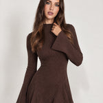 Brown Knit Mini Dress Bell Sleeve Mock Neck