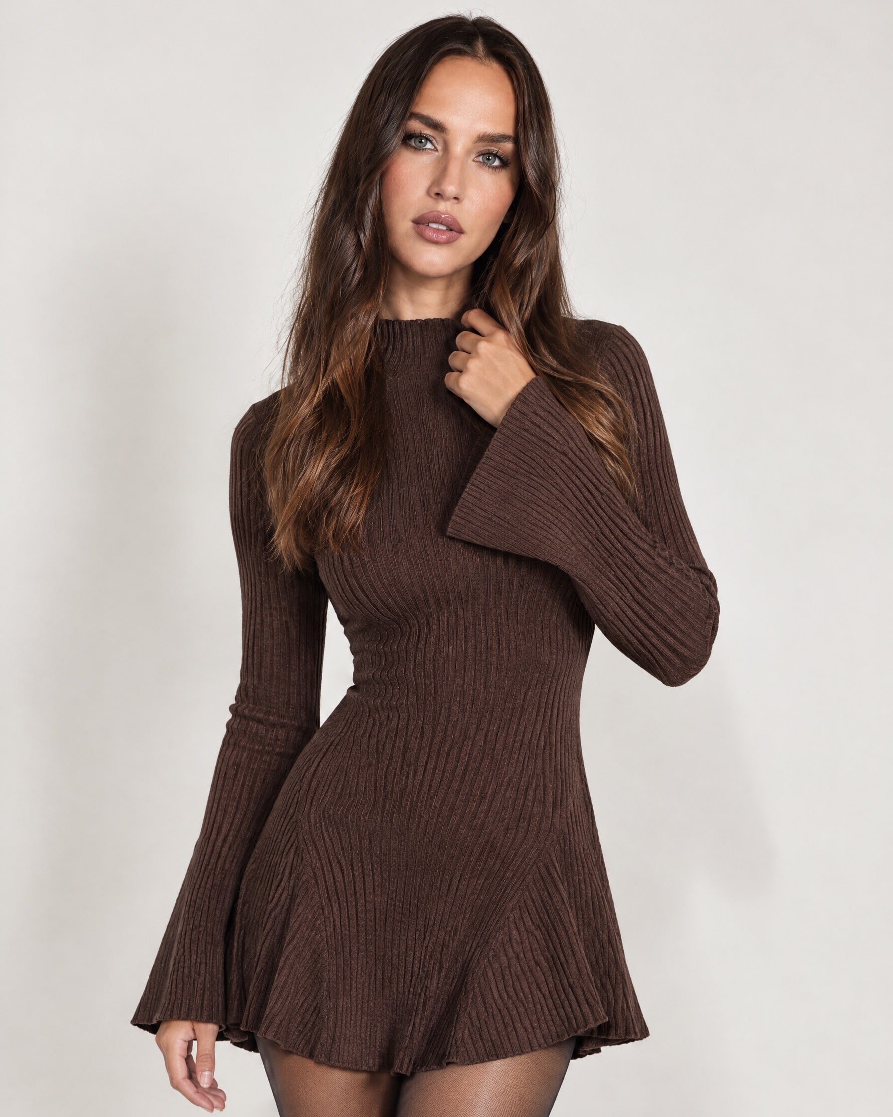 Brown Knit Mini Dress Bell Sleeve Mock Neck