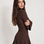 Brown Knit Mini Dress Bell Sleeve Mock Neck