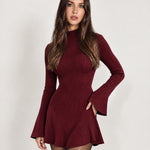 Burgundy Knit Mini Dress Bell Sleeve Mock Neck