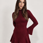 Burgundy Knit Mini Dress Bell Sleeve Mock Neck
