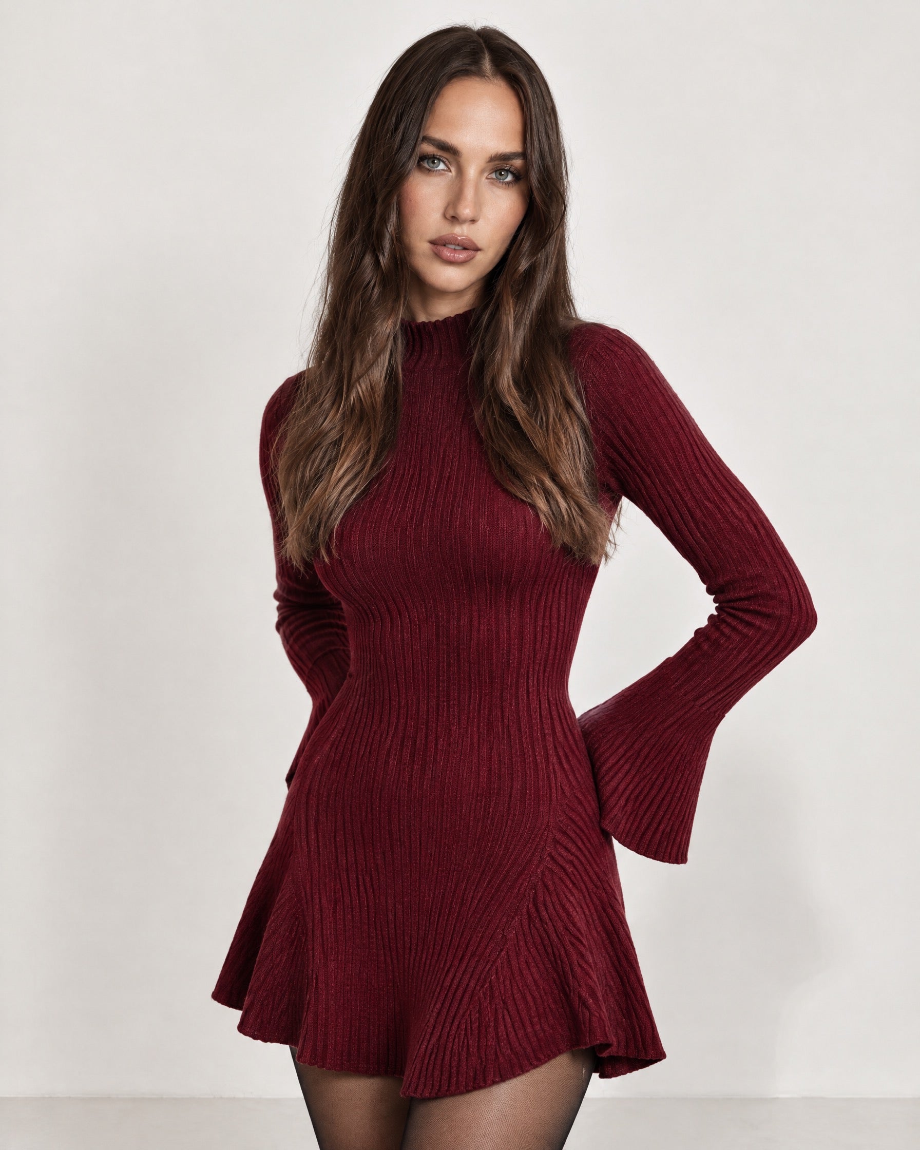 Burgundy Knit Mini Dress Bell Sleeve Mock Neck