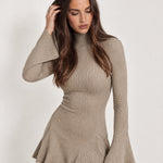 Khaki Knit Mini Dress Bell Sleeve Mock Neck