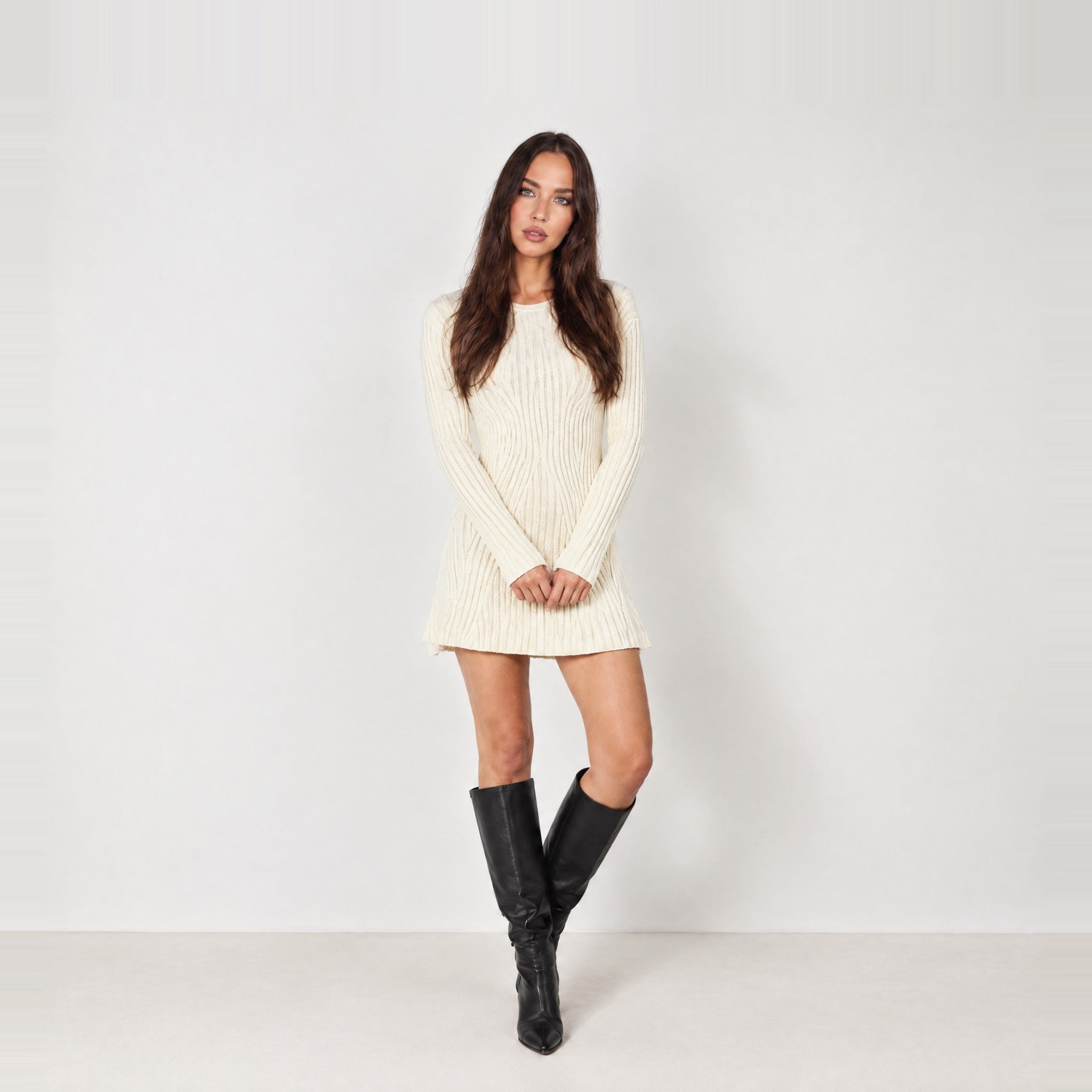 Beige Knit Mini Dress Long Sleeve Flared