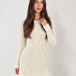 Beige Knit Mini Dress Long Sleeve Flared