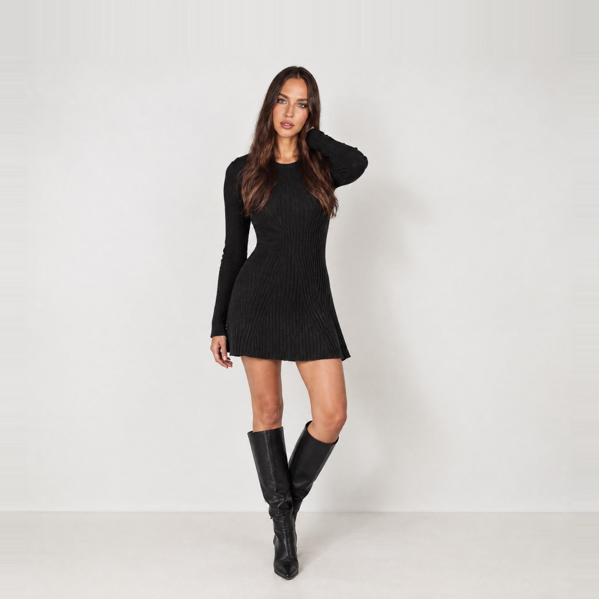 Black Knit Mini Dress Long Sleeve Flared