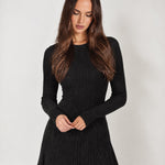 Black Knit Mini Dress Long Sleeve Flared