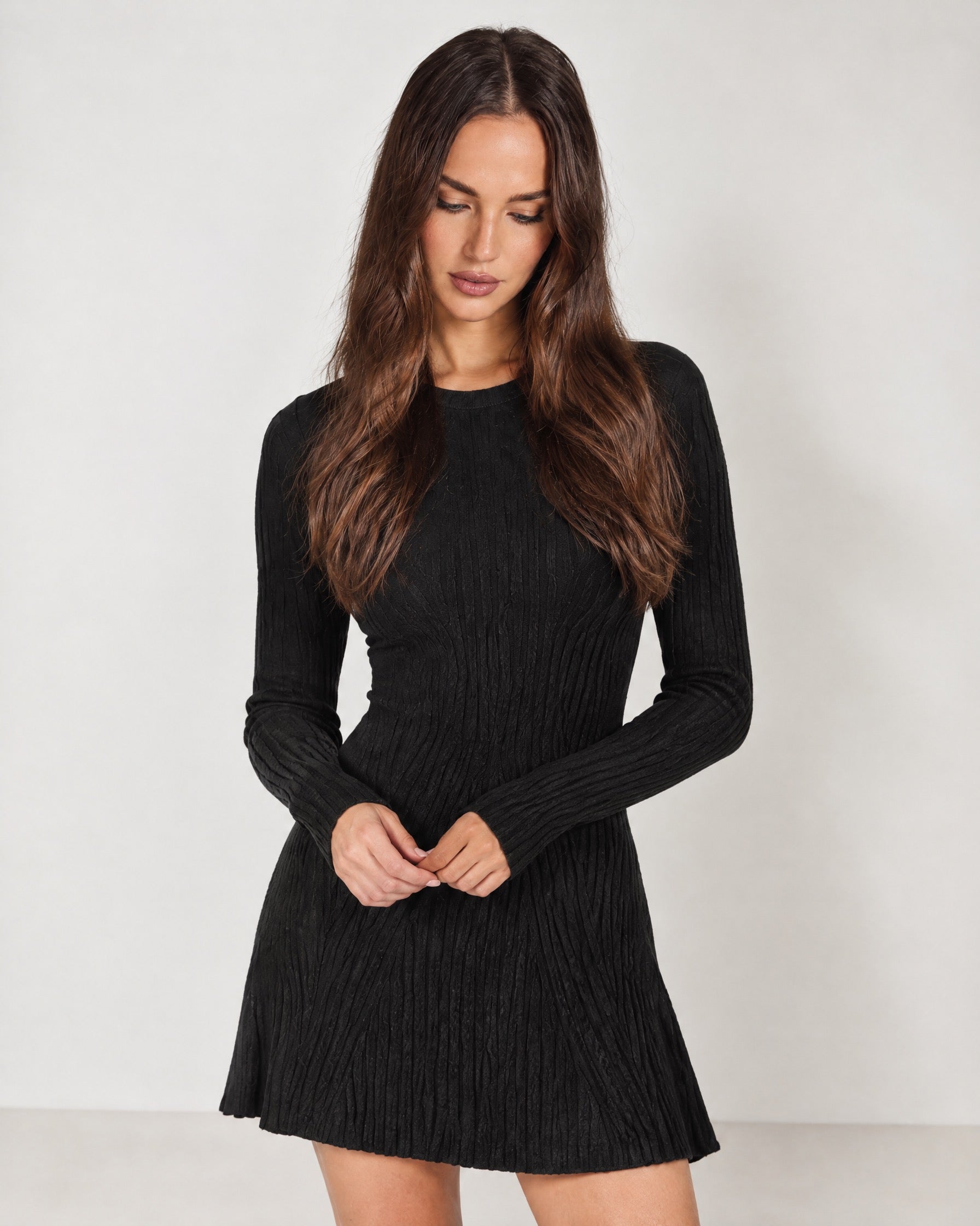 Black Knit Mini Dress Long Sleeve Flared