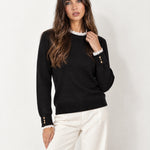 Black Lace Trim Jumper Crew Neck Buttoned Cuffs