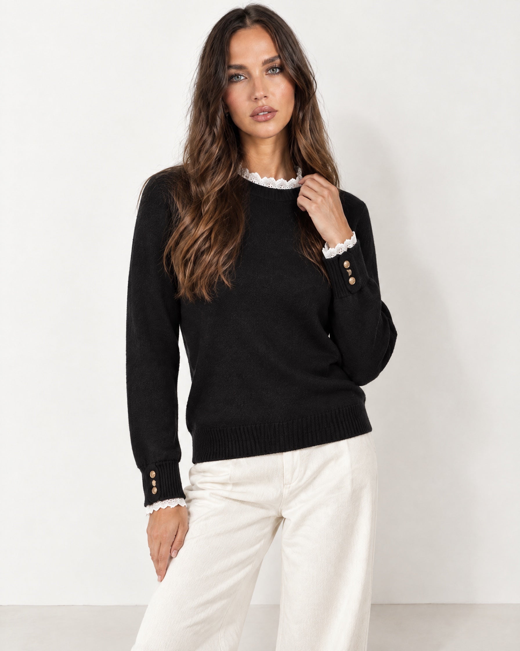Black Lace Trim Jumper Crew Neck Buttoned Cuffs