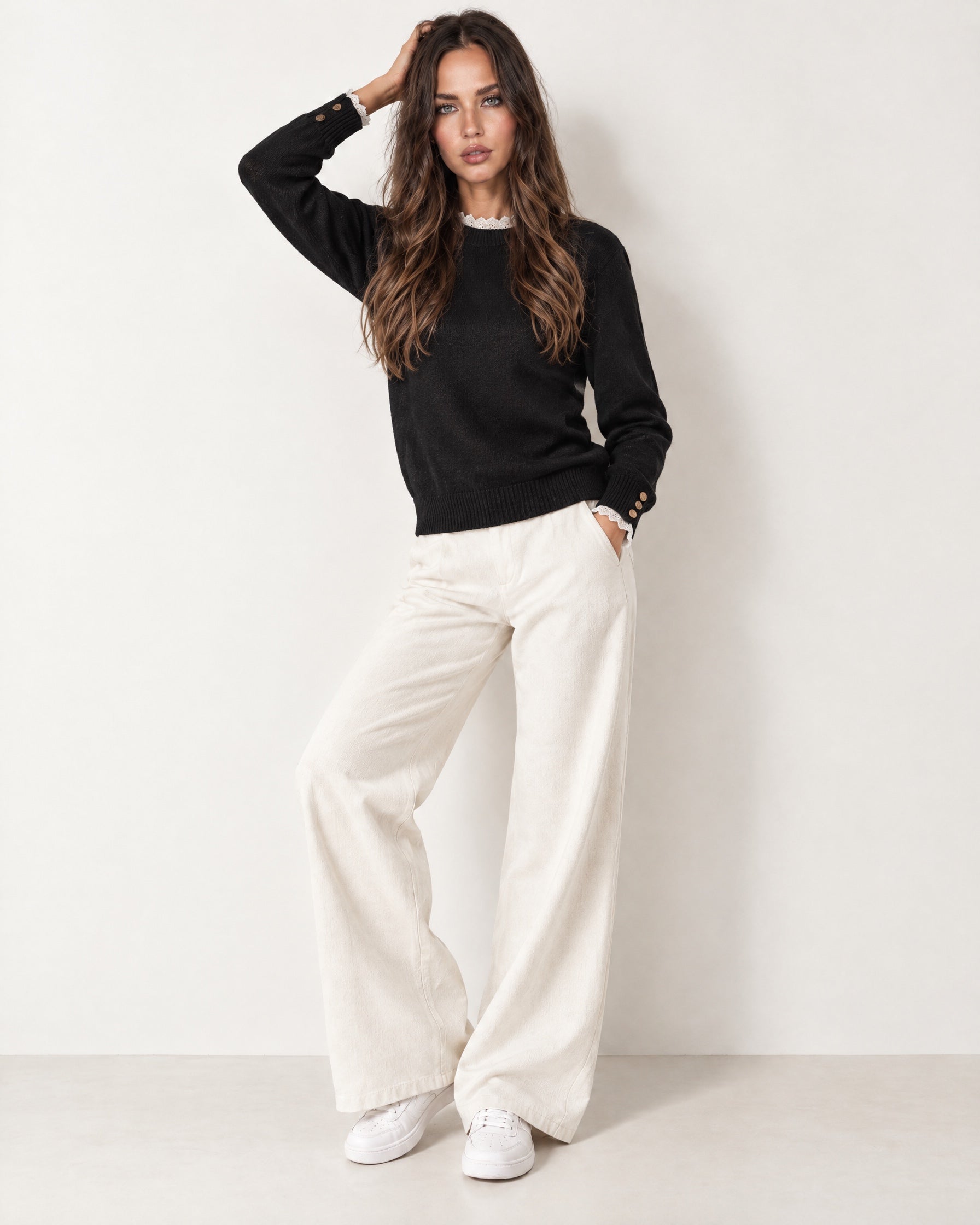 Black Lace Trim Jumper Crew Neck Buttoned Cuffs