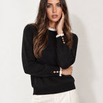 Black Lace Trim Jumper Crew Neck Buttoned Cuffs