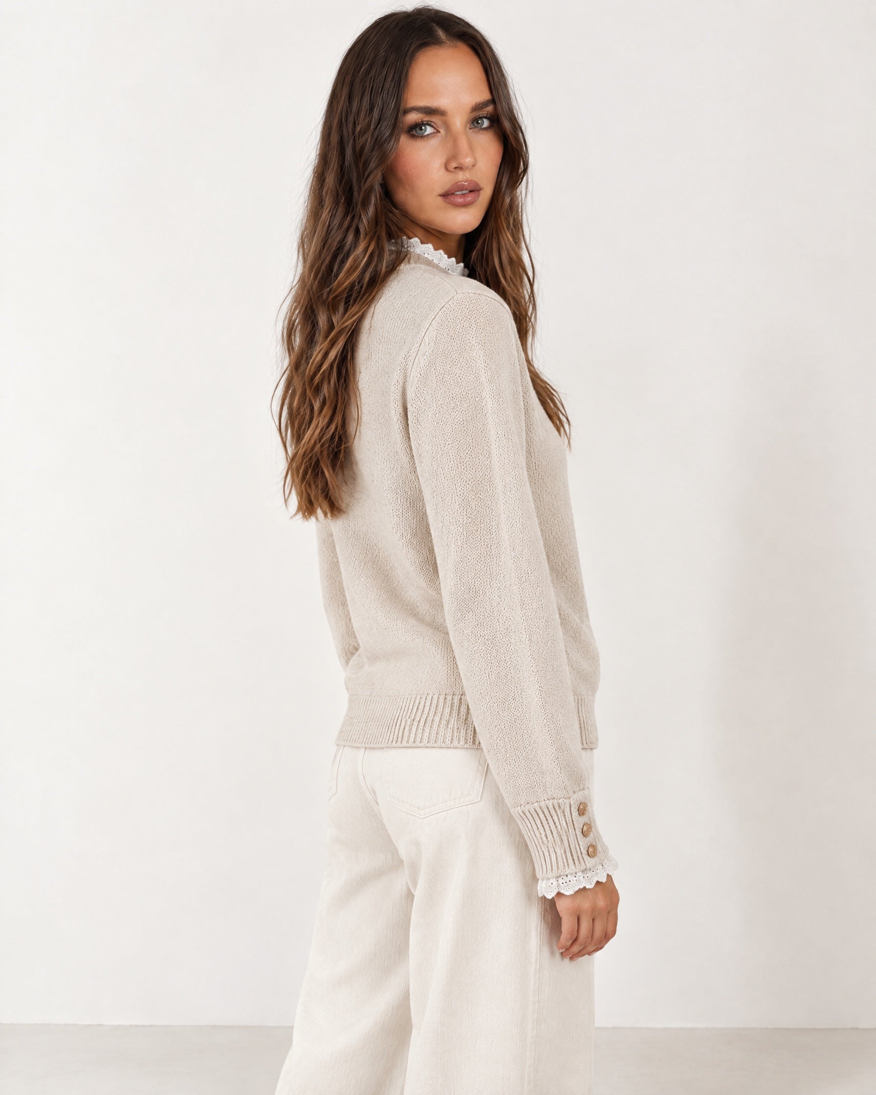 Cream Lace Trim Jumper Crew Neck Buttoned Cuffs